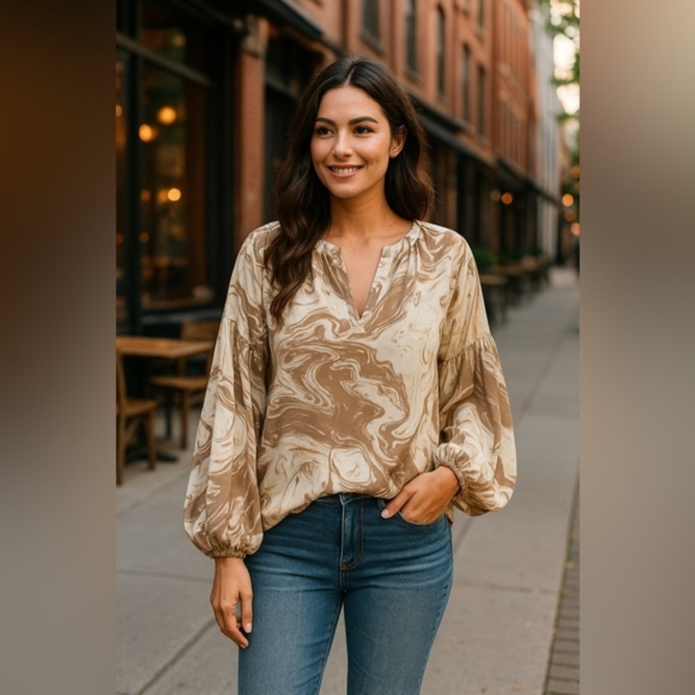 August Sky Brown Ivory Marbled Sheer Blouson Drop Sleeve Boho Top NWT L #1239